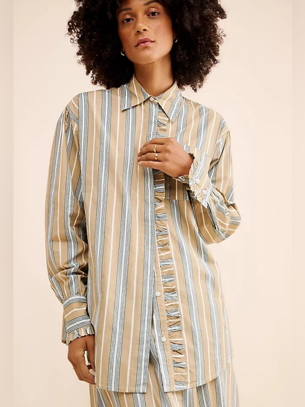Damson Madder Kylie Stripe Ruffle Shirt Stripped Tan and Blue color size 10